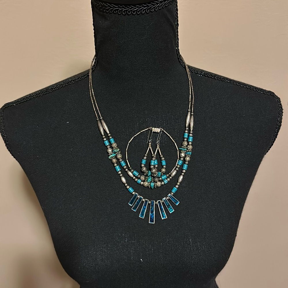Vintage Turquoise Two Strand Necklace Bracelet & Earring Set